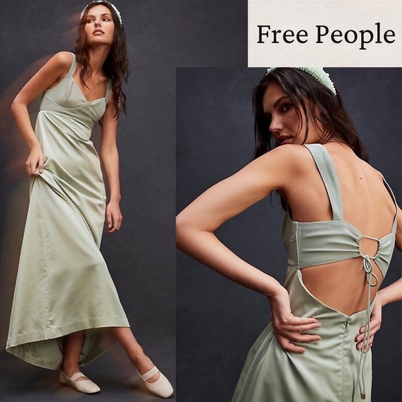 Free People Dresses & Skirts - Free People Gia Maxi Dress Mermaids Satin Backless Sage Green A-Line Small 4